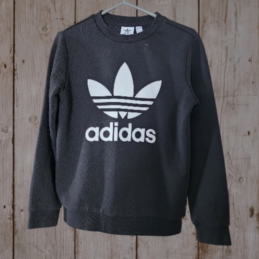 ADIDAS Black Crewneck Sweatshirt White Trefoil Logo Size Youth Small 10-12 Years